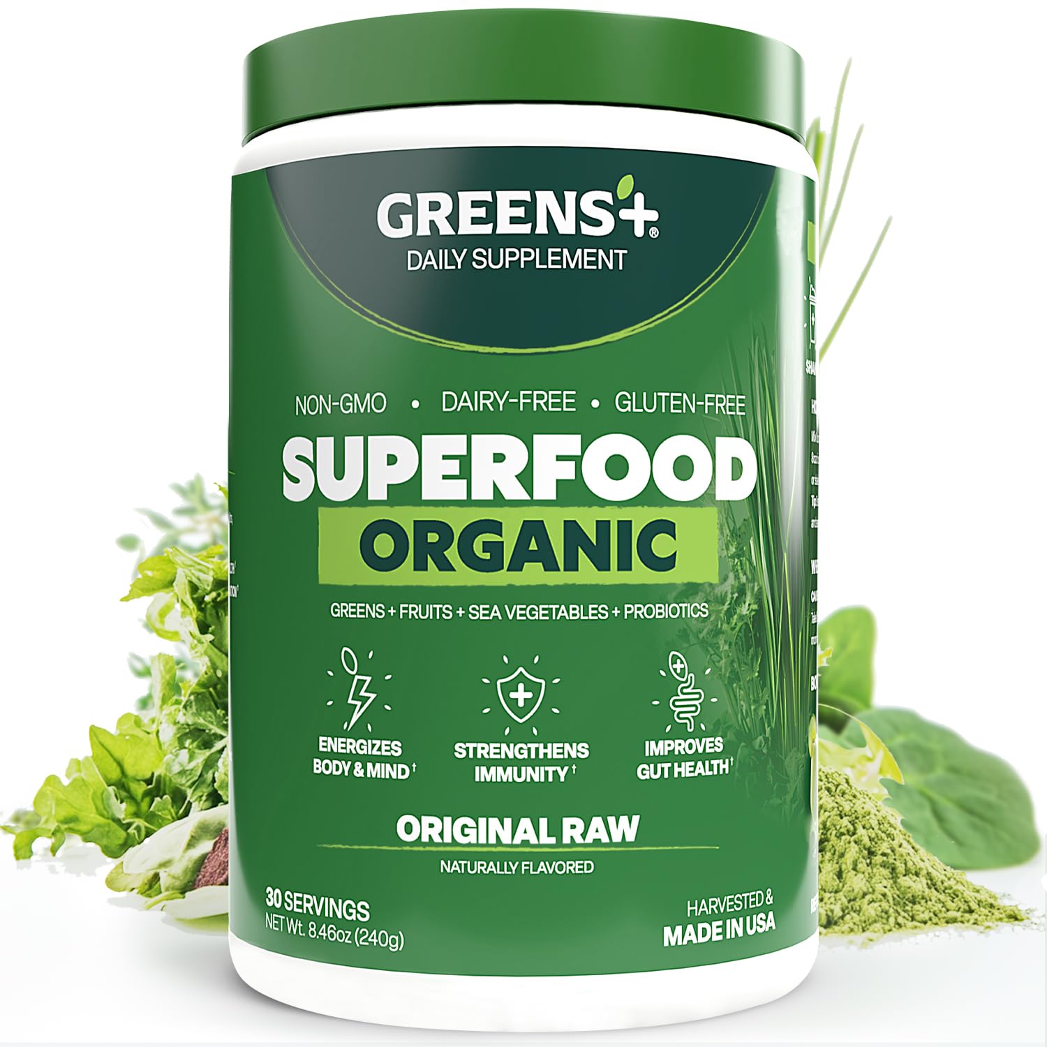 Greens+ Organic RAW Superfood Powder tub highlighting daily nutrition.