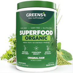 Greens+ Organic RAW Superfood Powder tub highlighting daily nutrition.