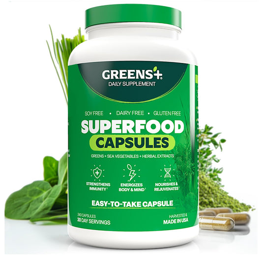 Greens+ Organic Superfood Capsules bottle shown for convenient daily wellness use