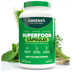 Greens+ Organic Superfood Capsules bottle shown for convenient daily wellness use
