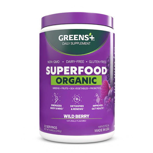 Greens+ organic wild berry powder front-pack highlights premium ingredients for daily vitality