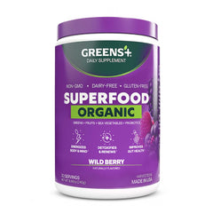 Greens+ organic wild berry powder front-pack highlights premium ingredients for daily vitality