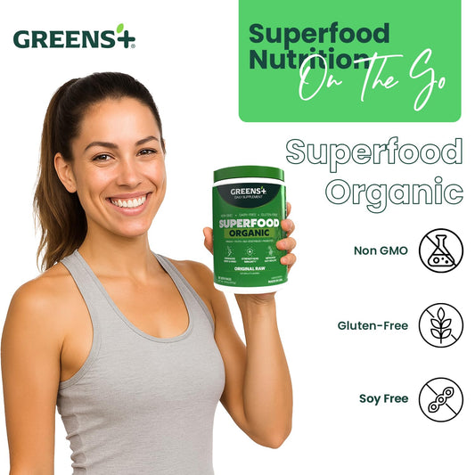 Greens+ premium ingredients label shows USA-sourced gluten-free blend.