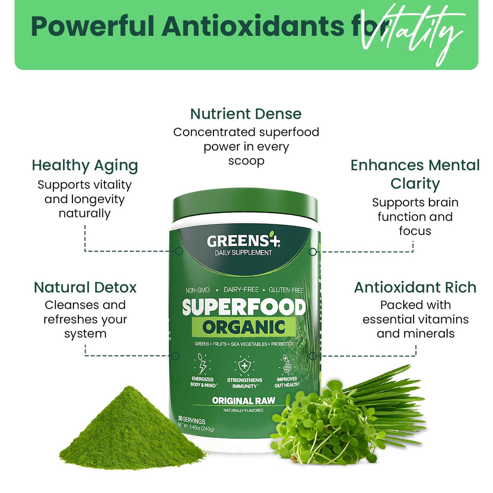 Greens+ probiotics dairy-free on-the-go packaging for busy days.