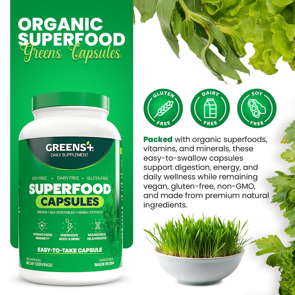 Greens+ spirulina-chlorella capsules highlighting plant-based nutrients