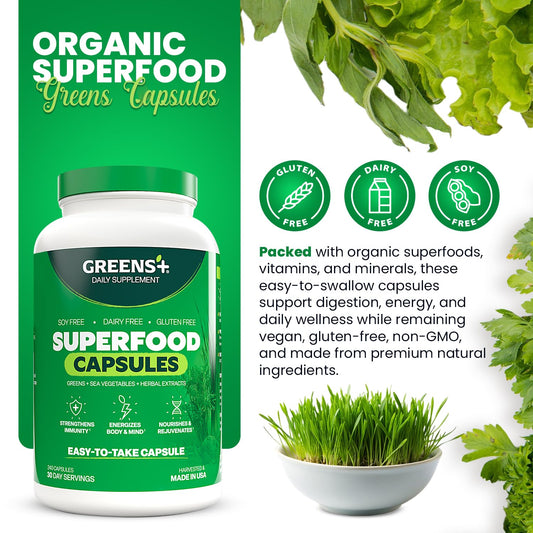 Greens+ spirulina-chlorella capsules highlighting plant-based nutrients