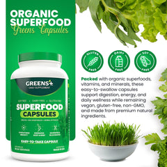 Greens+ spirulina-chlorella capsules highlighting plant-based nutrients