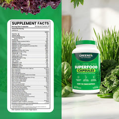 Greens+ vegan gluten-free non-GMO label on product packaging