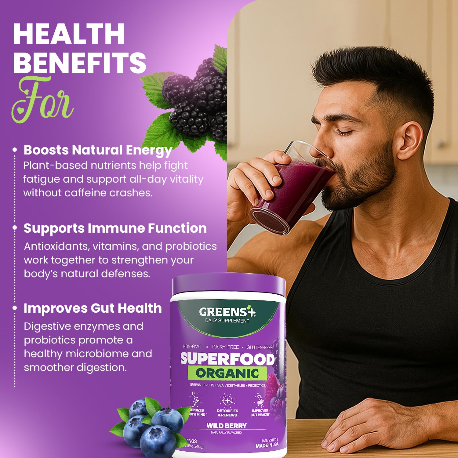 Greens+ wild berry powder ready to blend into a smoothie