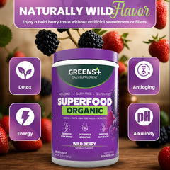 Greens+ organic wild berry powder label with vegan and gluten-free icons