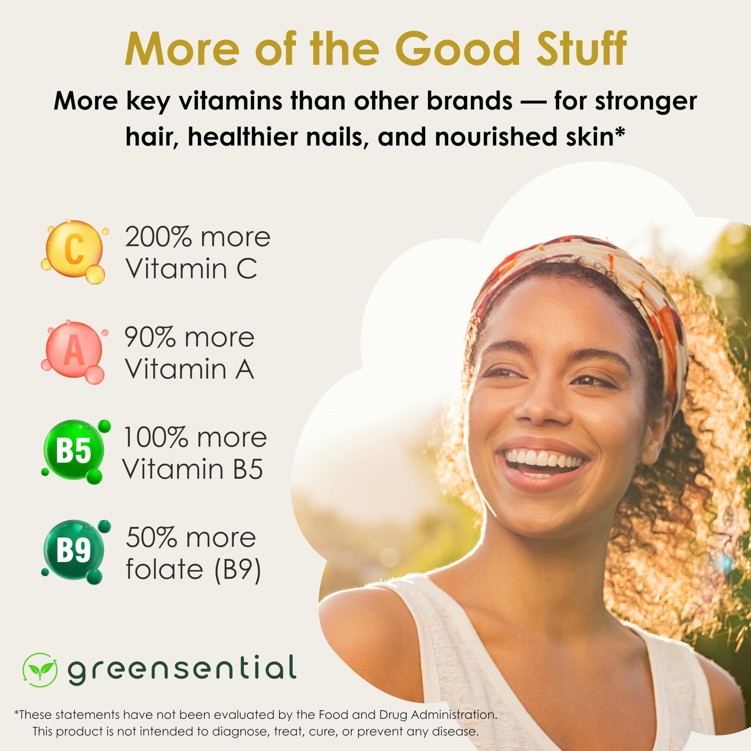 Greensential biotin 5000mcg label highlights hair and nails support.