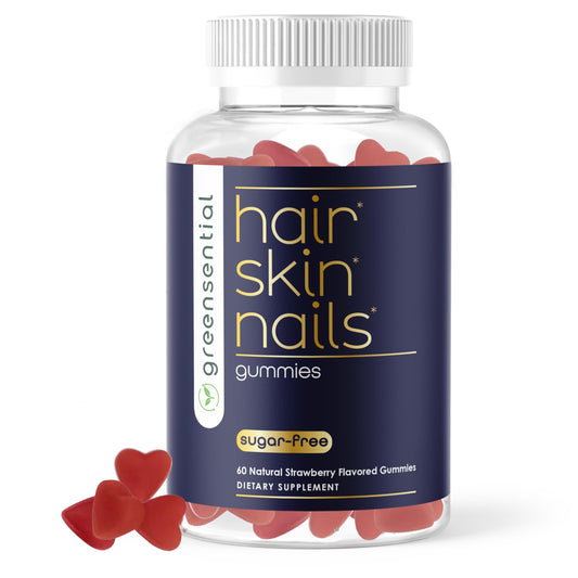 Greensential heart-shaped gummies in a bottle for a delightful beauty routine.