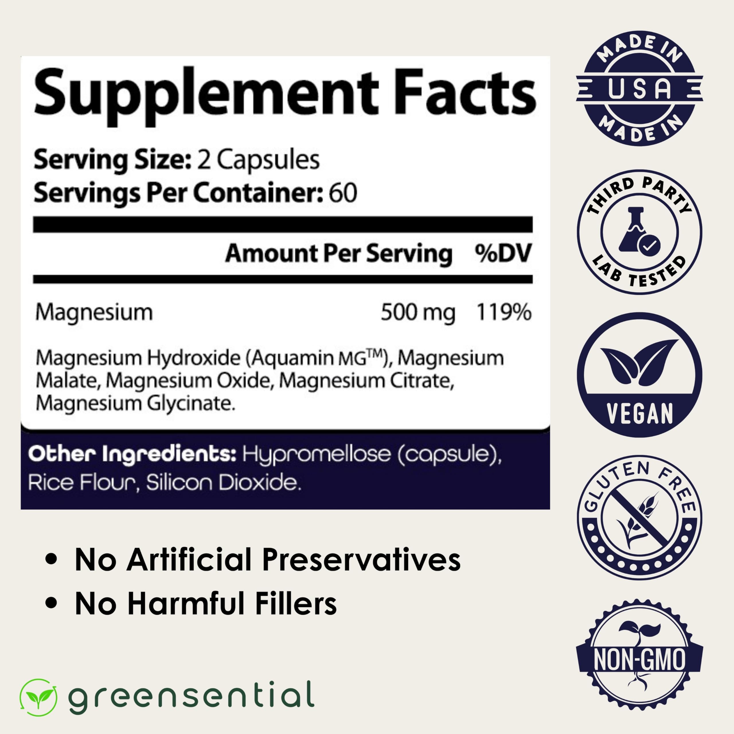 Greensential magnesium capsules up close, highlighting convenient daily dosage.