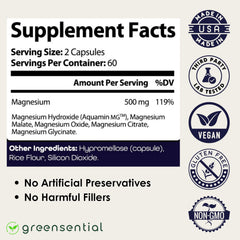 Greensential magnesium capsules up close, highlighting convenient daily dosage.