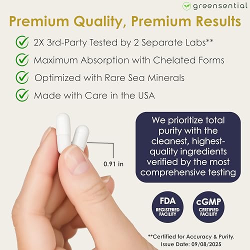 Greensential citrate and malate magnesium capsules, highlighting soluble absorption.