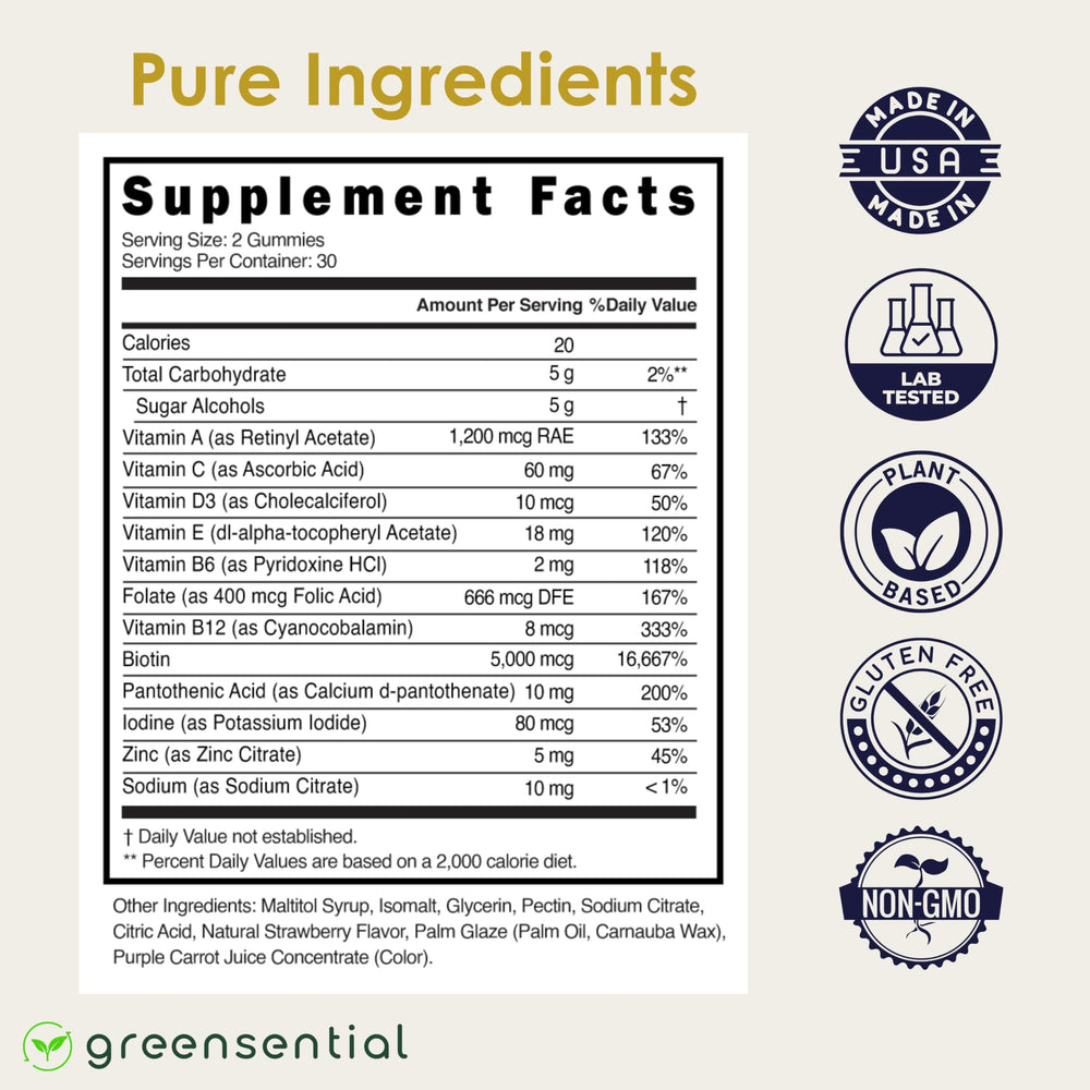 Greensential strawberry-flavored gummies with a sugar-free formula for a tasty daily ritual.