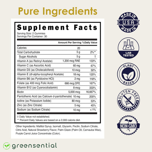 Greensential strawberry-flavored gummies with a sugar-free formula for a tasty daily ritual.