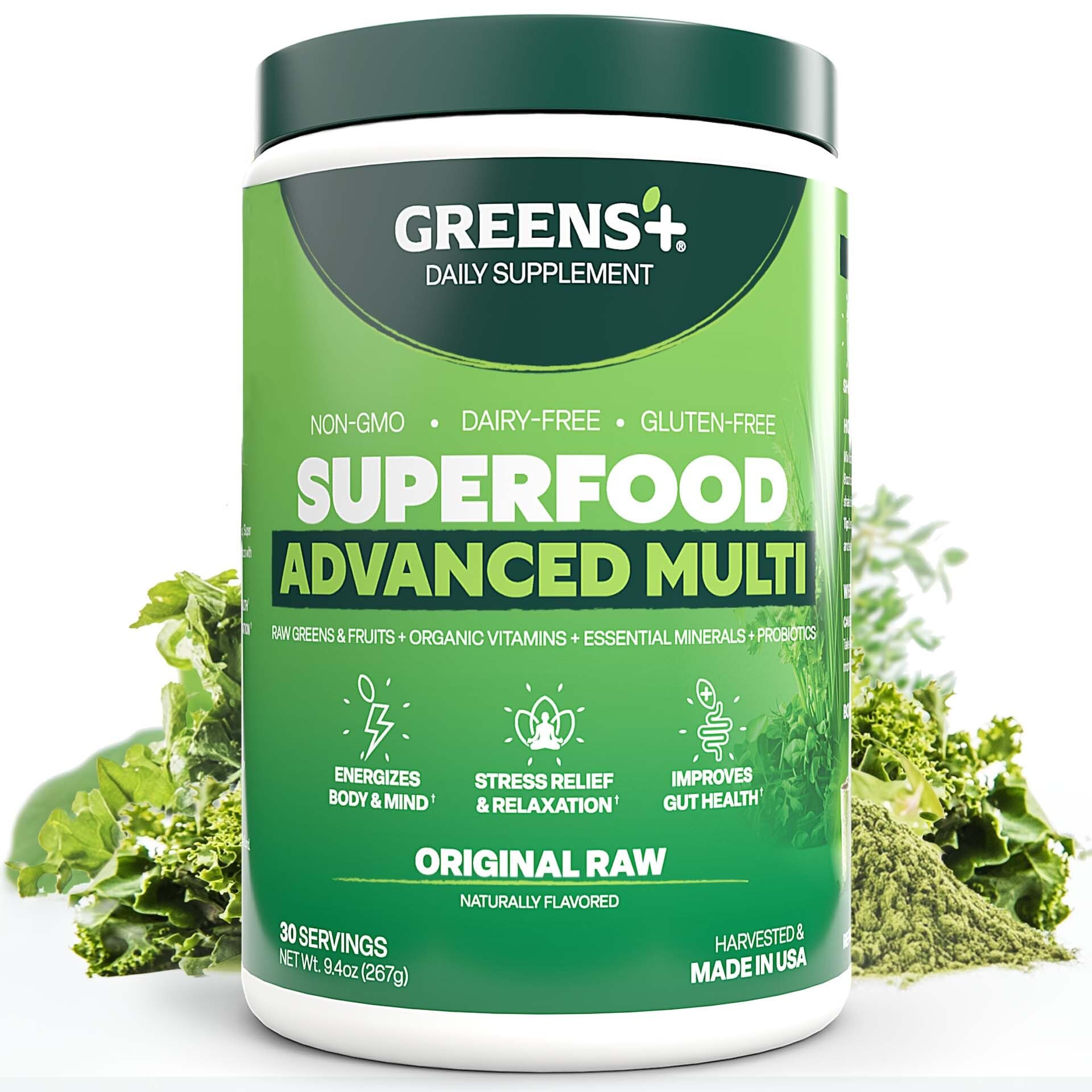 Greens+ Advanced Multi Raw Superfood bottle showing convenient daily nutrition for smoothies