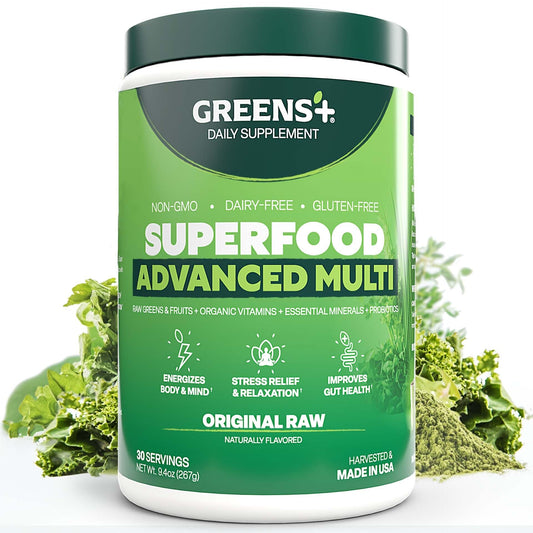 Greens+ Advanced Multi Raw Superfood bottle showing convenient daily nutrition for smoothies