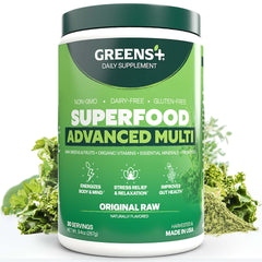 Greens+ Advanced Multi Raw Superfood bottle showing convenient daily nutrition for smoothies