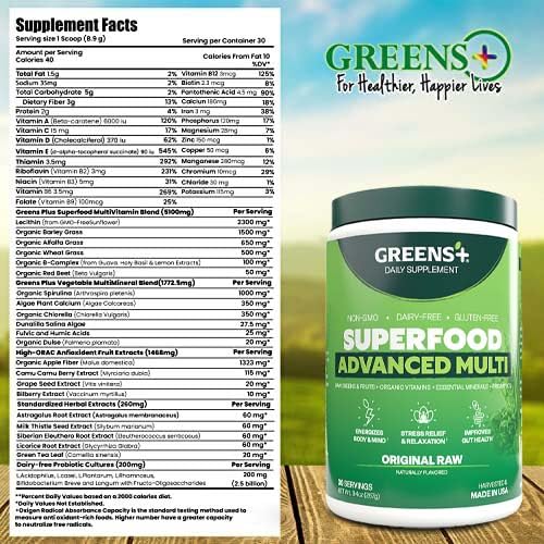 Greens+ Advanced Multi Raw Superfood packaging highlighting non-GMO and gluten-free