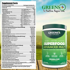 Greens+ Advanced Multi Raw Superfood packaging highlighting non-GMO and gluten-free