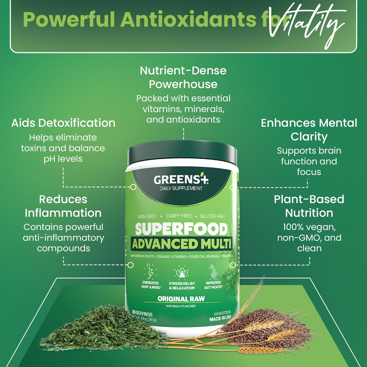 Pouring Greens+ Advanced Multi Raw Superfood into a glass for a nutrient boost