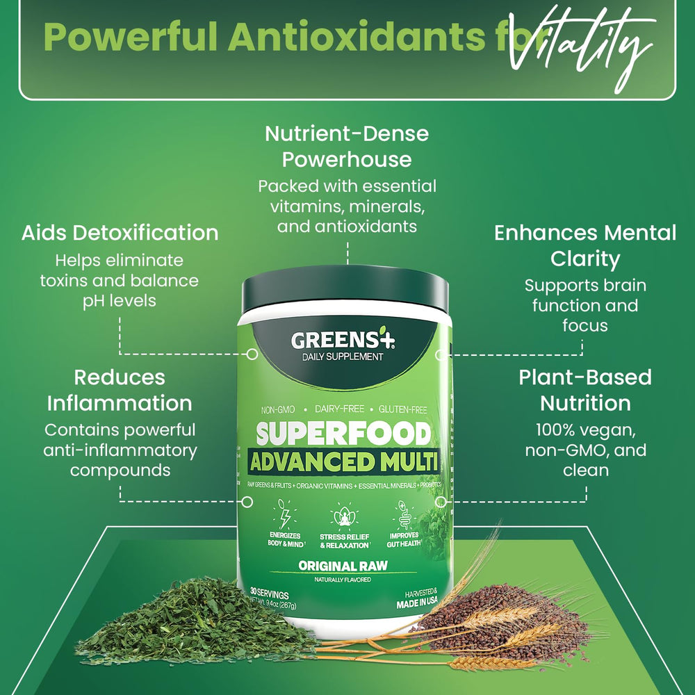 Pouring Greens+ Advanced Multi Raw Superfood into a glass for a nutrient boost