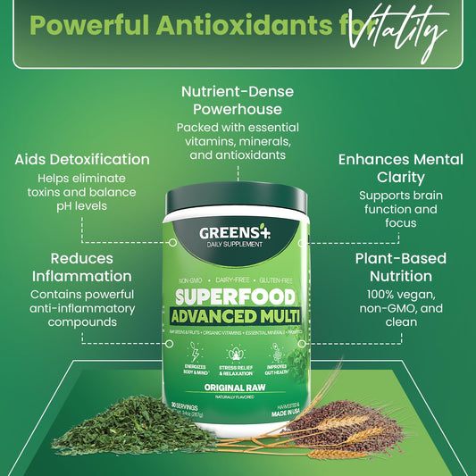 Pouring Greens+ Advanced Multi Raw Superfood into a glass for a nutrient boost