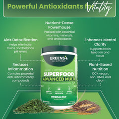 Pouring Greens+ Advanced Multi Raw Superfood into a glass for a nutrient boost