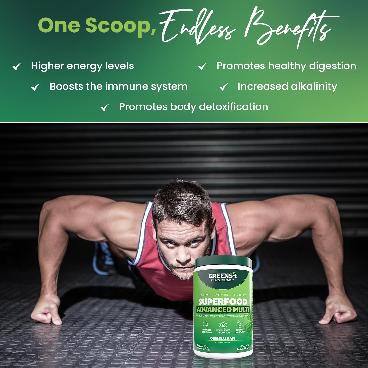 Measuring spoon with Greens+ Advanced Multi Raw Superfood for daily use