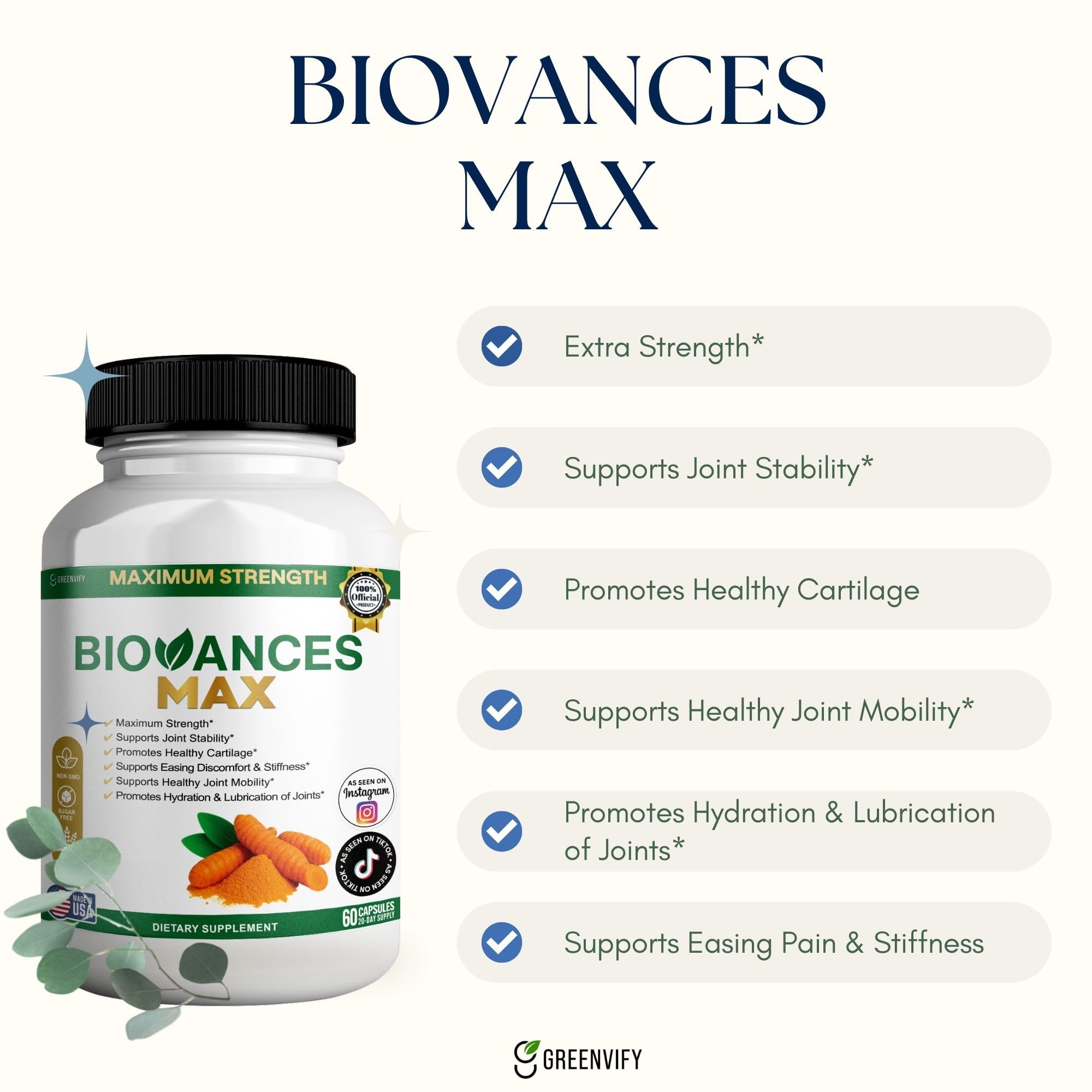 GREENVIFY Bioances Max capsules closeup highlights glucosamine in smooth form.