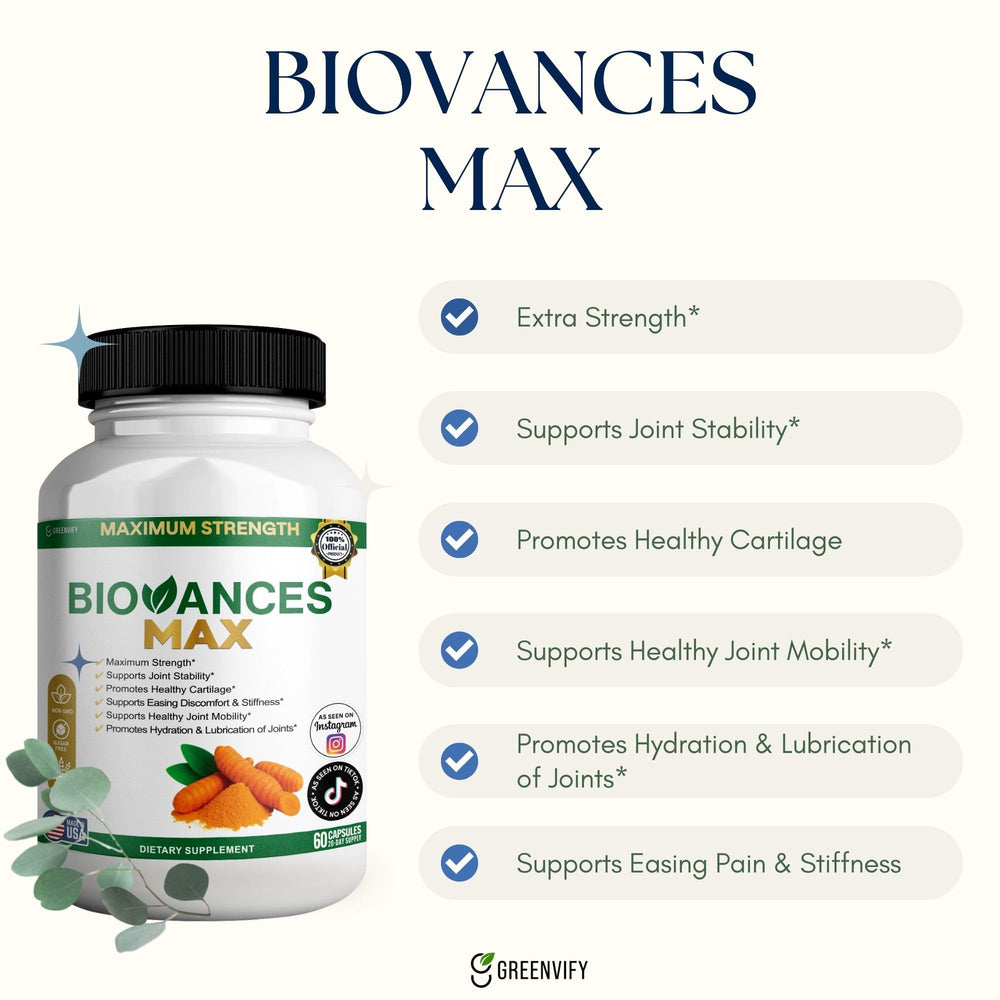 GREENVIFY Bioances Max capsules closeup highlights glucosamine in smooth form.