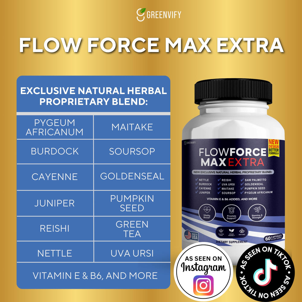 GREENVIFY Flow Force Max Extra bottle on desk for daily immune support