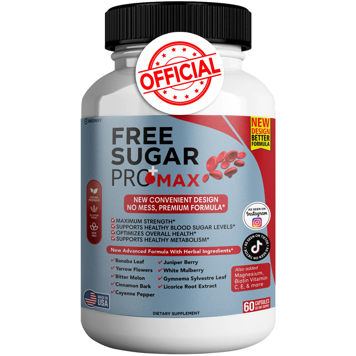 GreenVIFY Free Sugar Pro Max bottle front showing an all-natural formula for daily balance