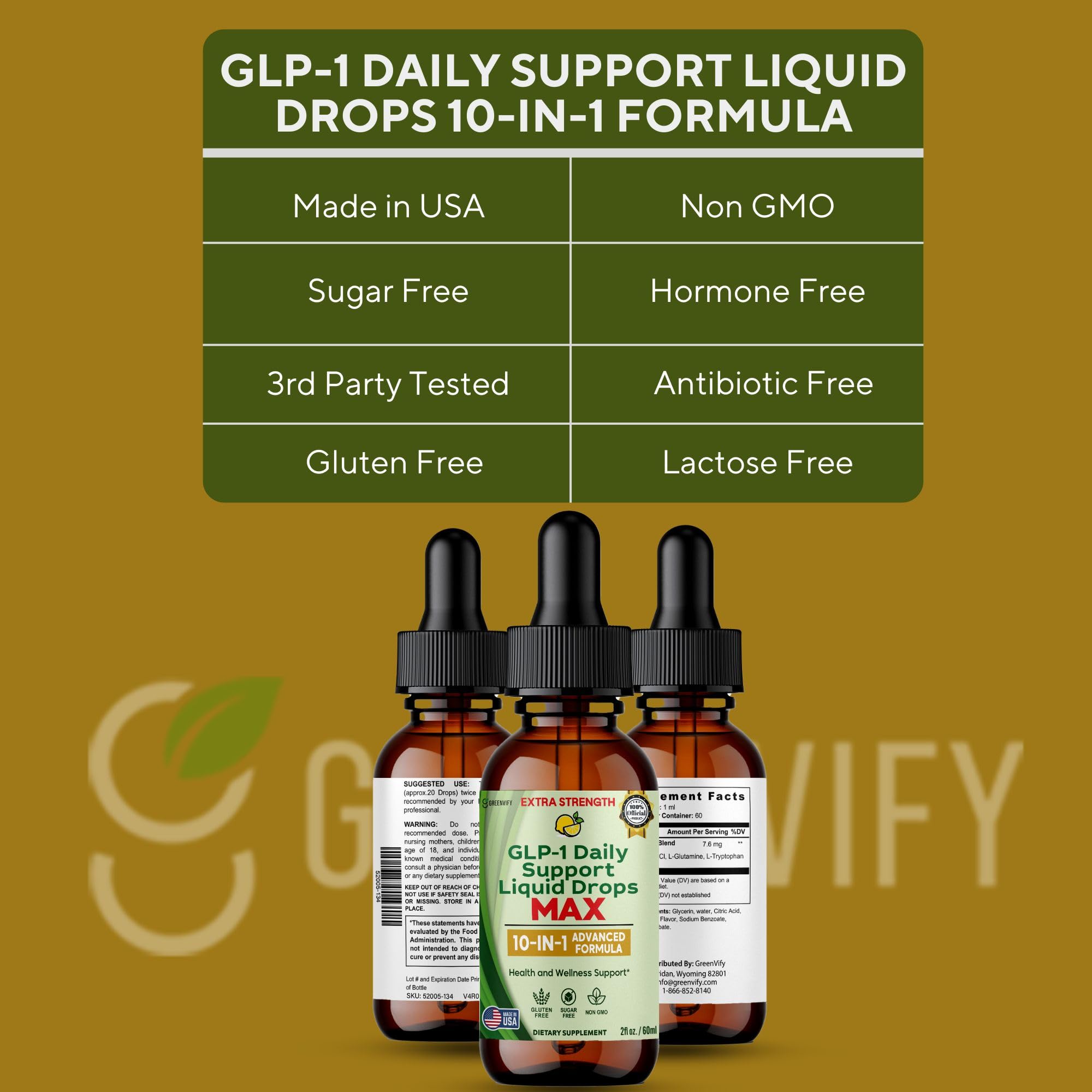 Greenvify GLP-1 Daily Support label highlights 60 servings and 10-in-1 formula.