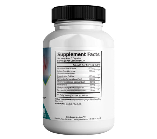 GREENVIFY Joint Eternal Max bottle back with ingredient highlights and usage guidance