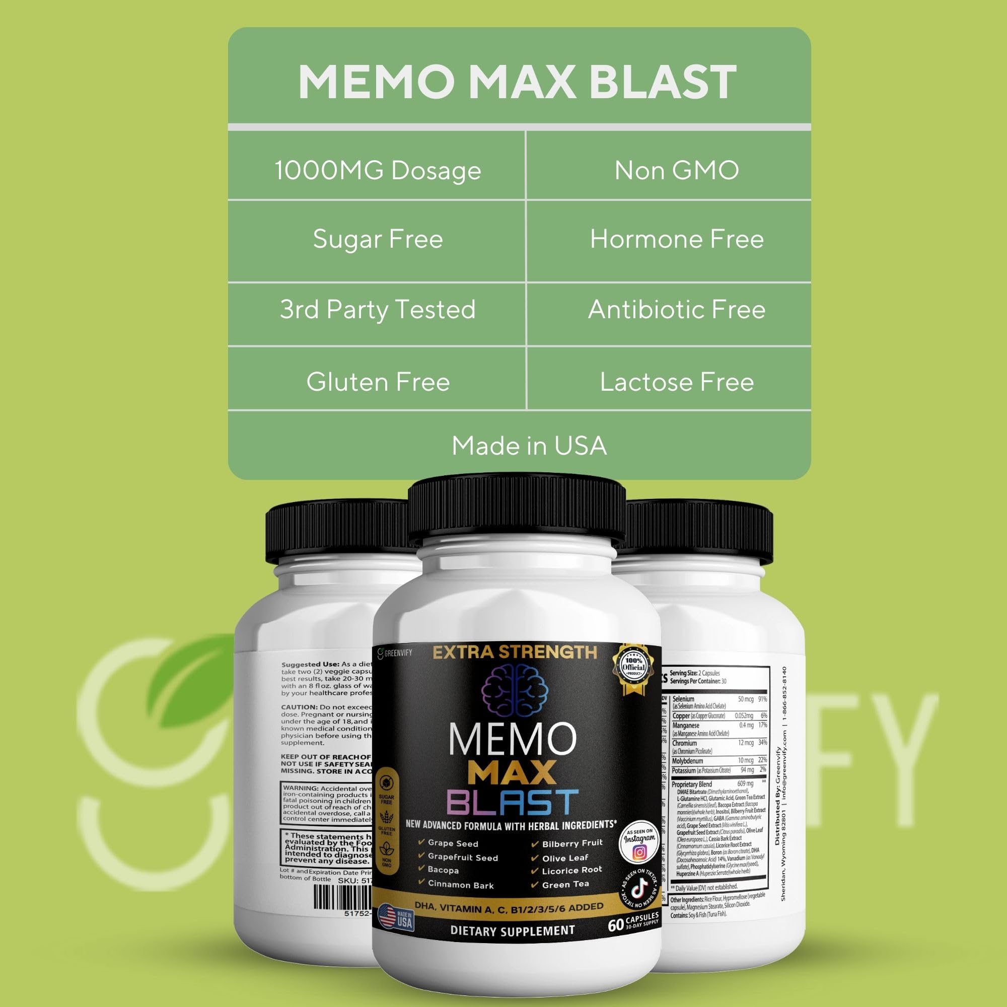 GREENVIFY Memo Max Blast DHA and herbal symbols emphasize brain nutrition.