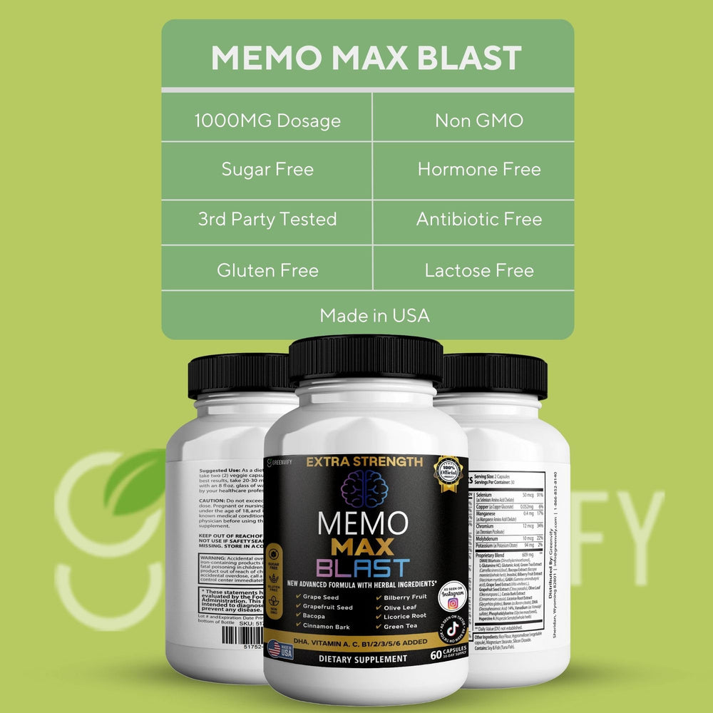GREENVIFY Memo Max Blast DHA and herbal symbols emphasize brain nutrition.