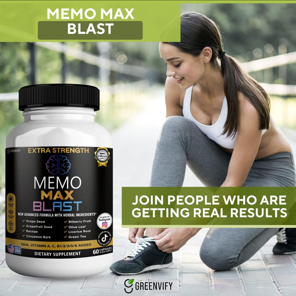 GREENVIFY Memo Max Blast herbal ingredients illustrate natural cognitive support.