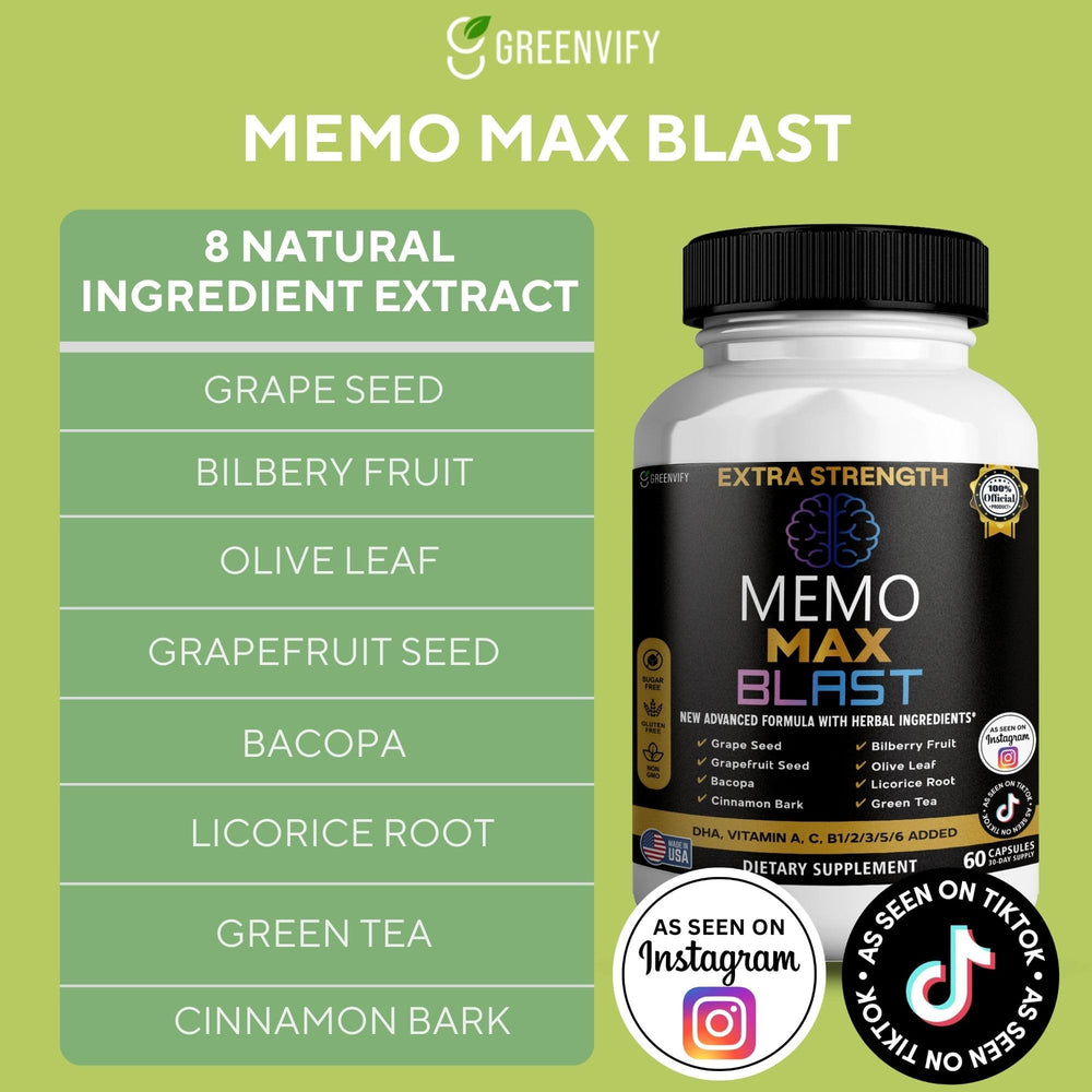 GREENVIFY Memo Max Blast label close-up shows DHA and herbal ingredients.