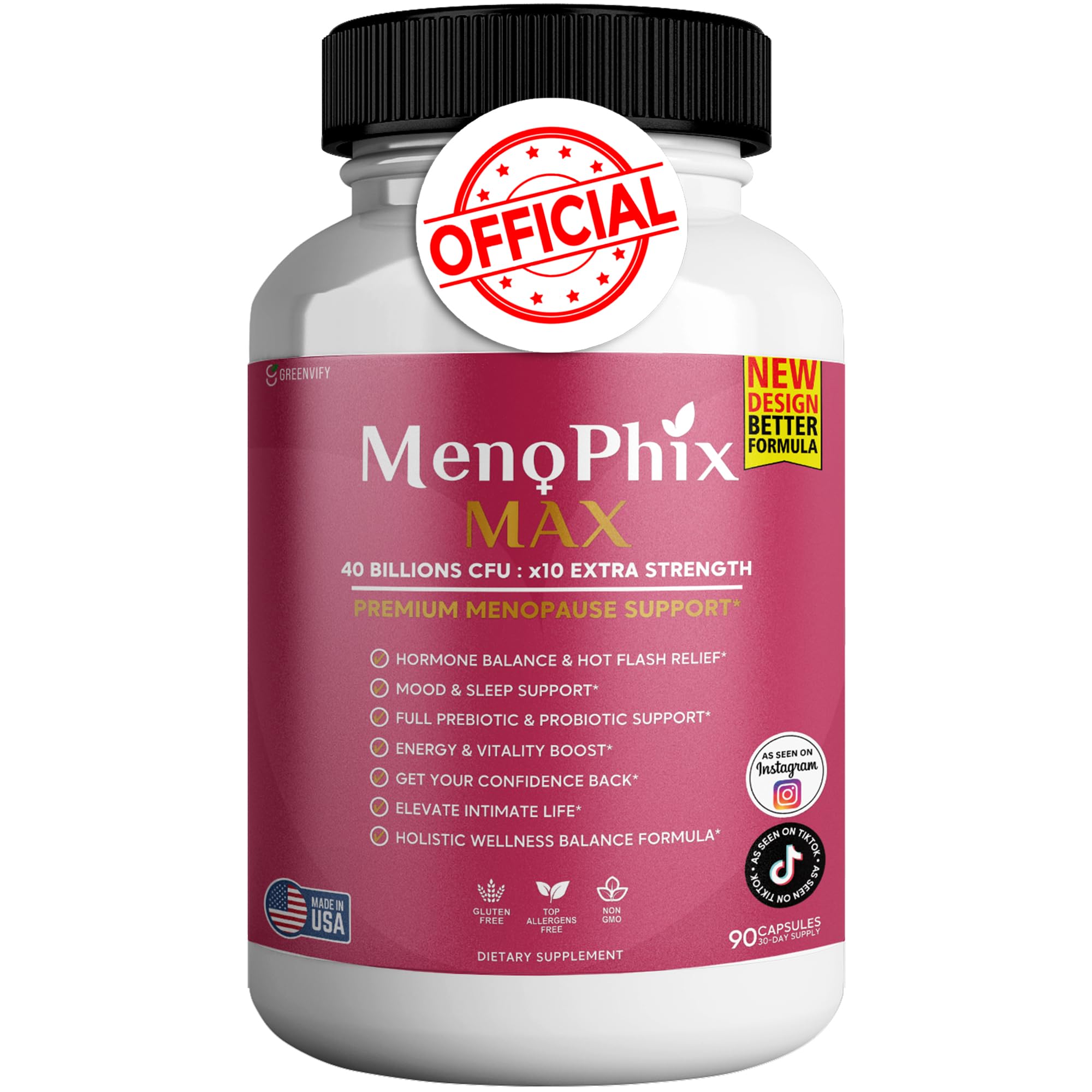 GreenVIFY MenoPhix Max bottle close-up showing probiotic capsule for gut support