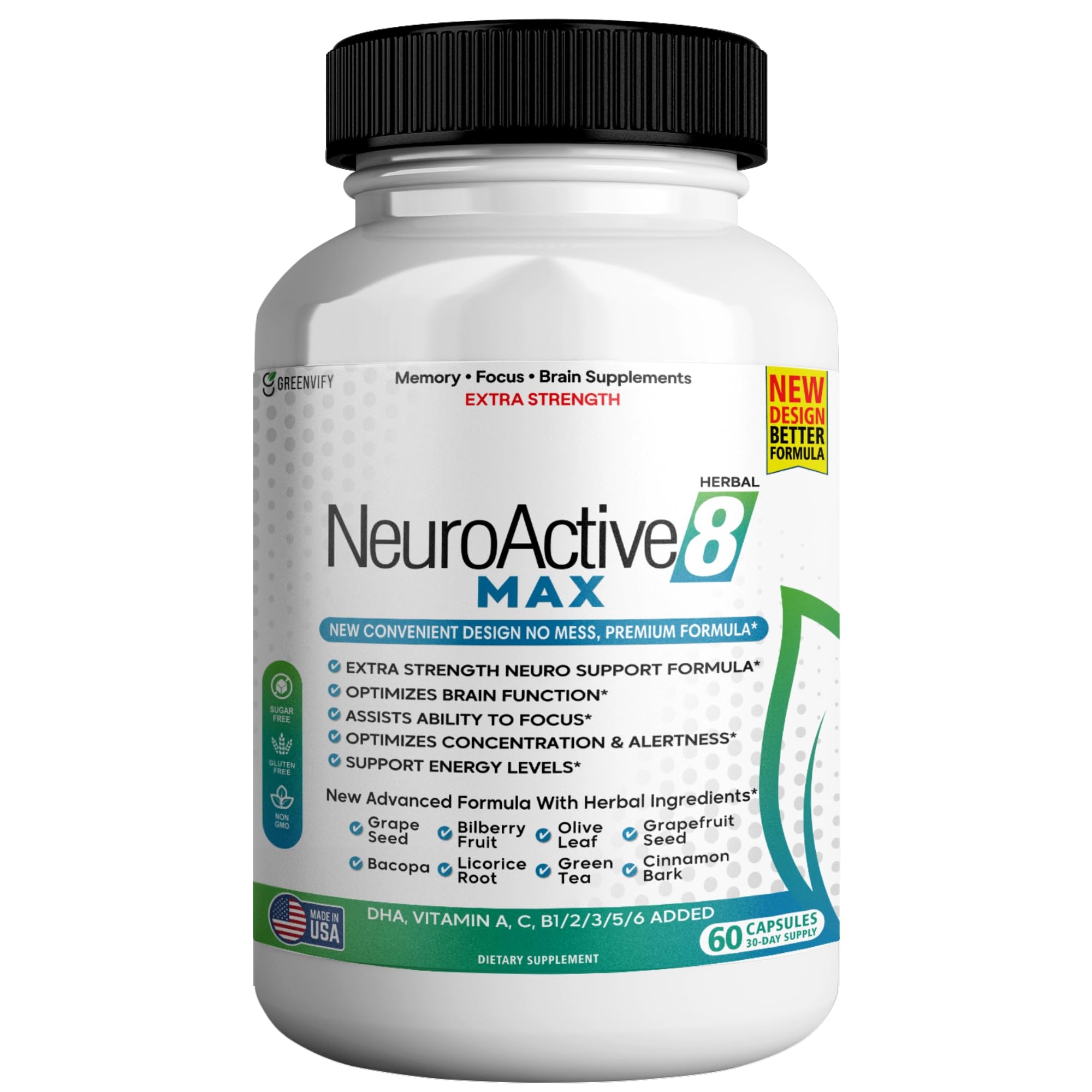 GreenVify NeuroActive 8 Max bottle front for daily cognitive support.