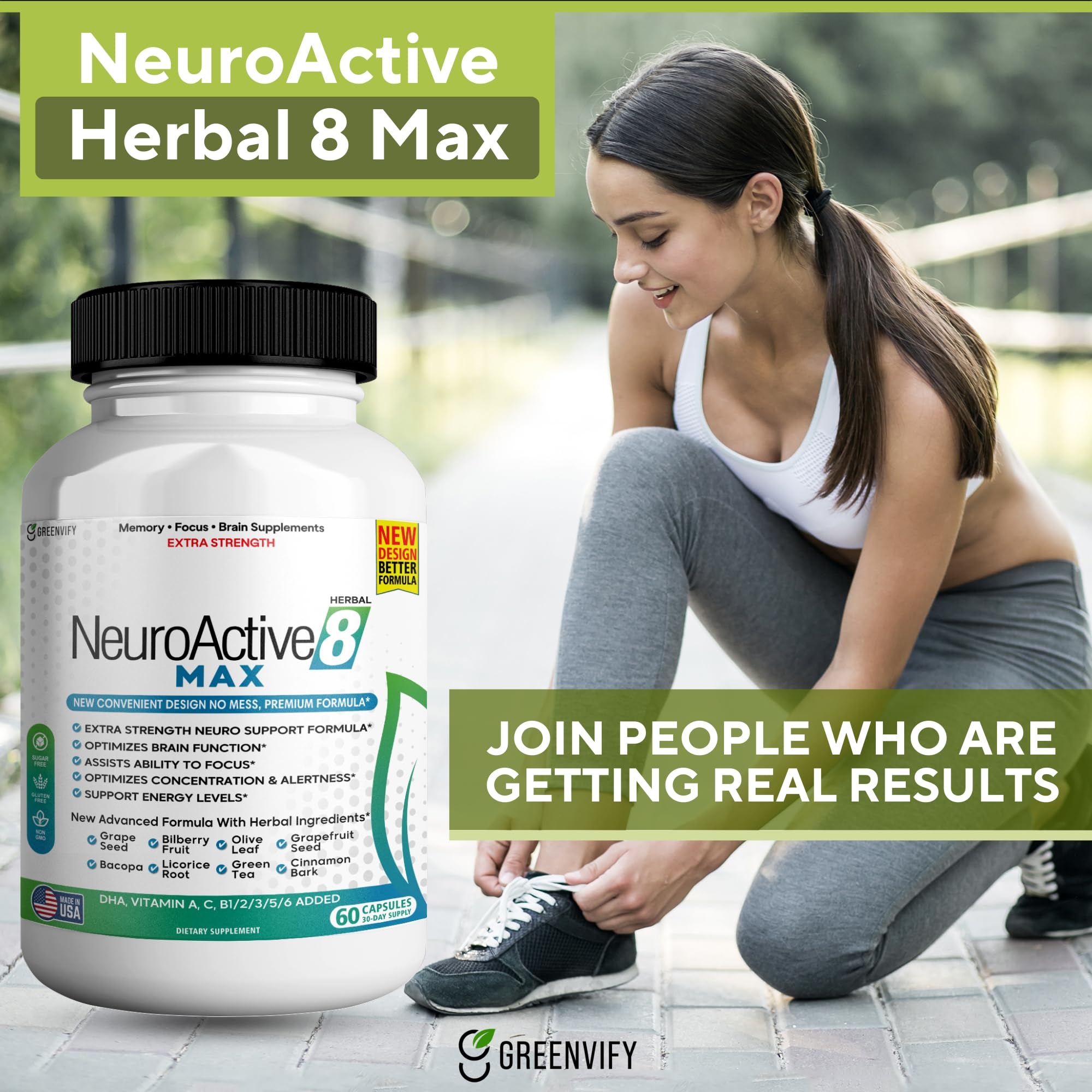 GreenVify NeuroActive 8 Max ingredients featuring green tea and vitamins.