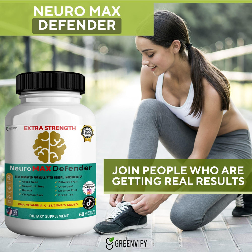 GREENVIFY NeuroMAX Defender closeup ingredients suggest mental clarity potential.
