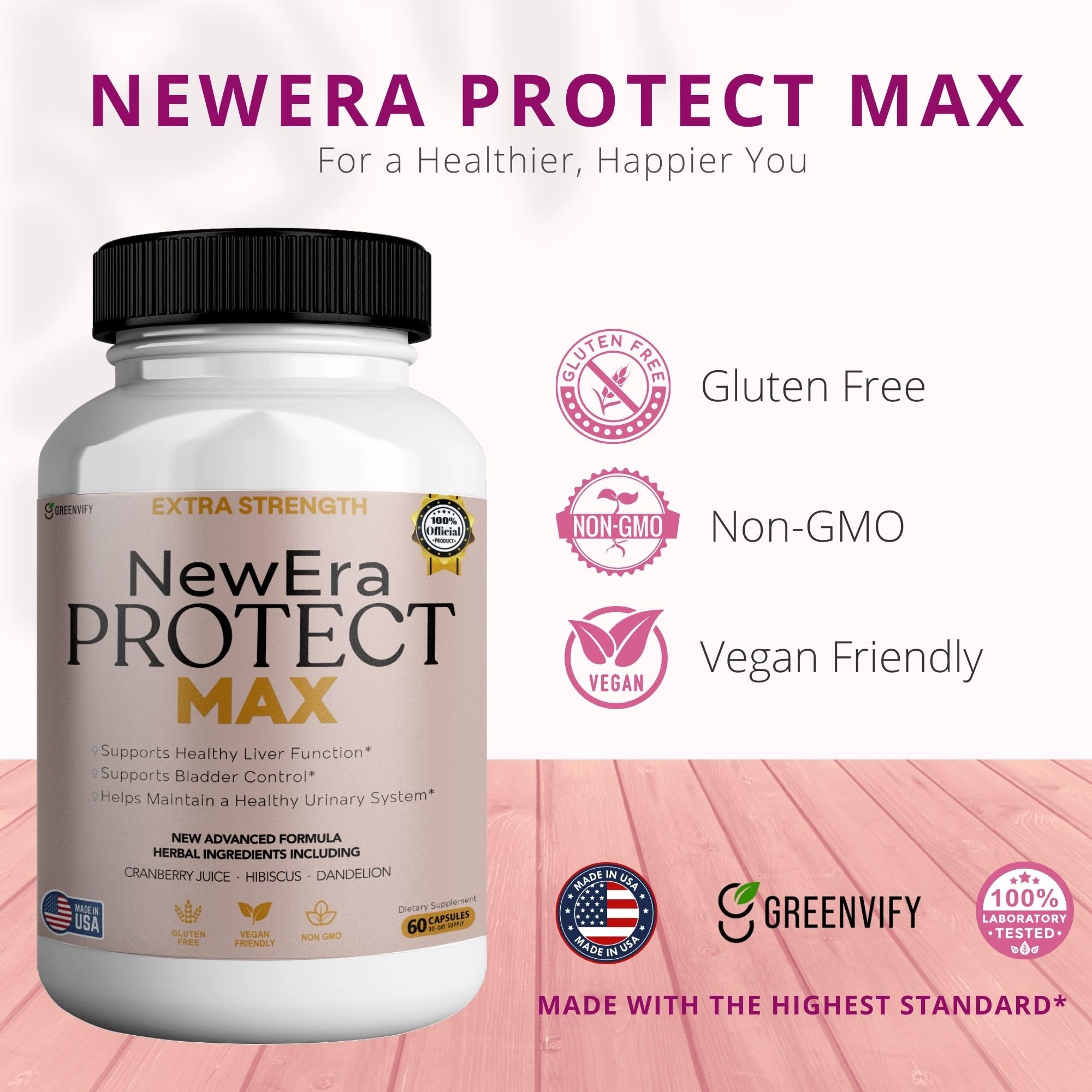 GREENVIFY New Era Protect Max herbal blend with cranberry, hibiscus, and dandelion for balance.