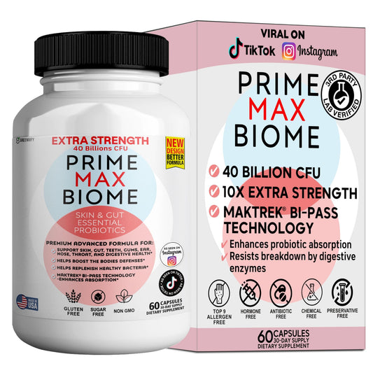 GreenVify Prime Max Biome bottle showcases the 40 Billion CFU daily formula for gut balance.