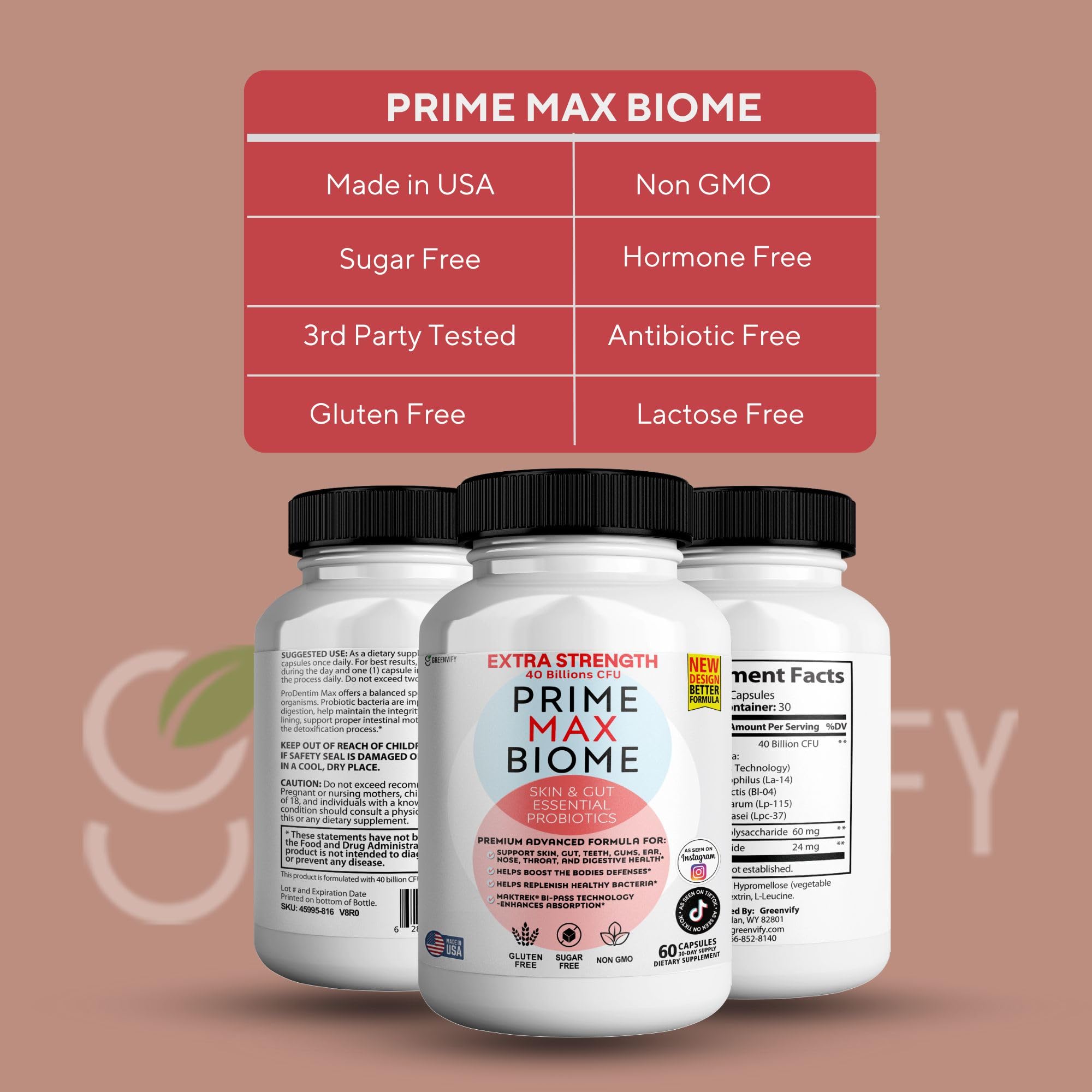 GreenVify Prime Max Biome ingredients showcase four probiotic strains for balanced gut flora.