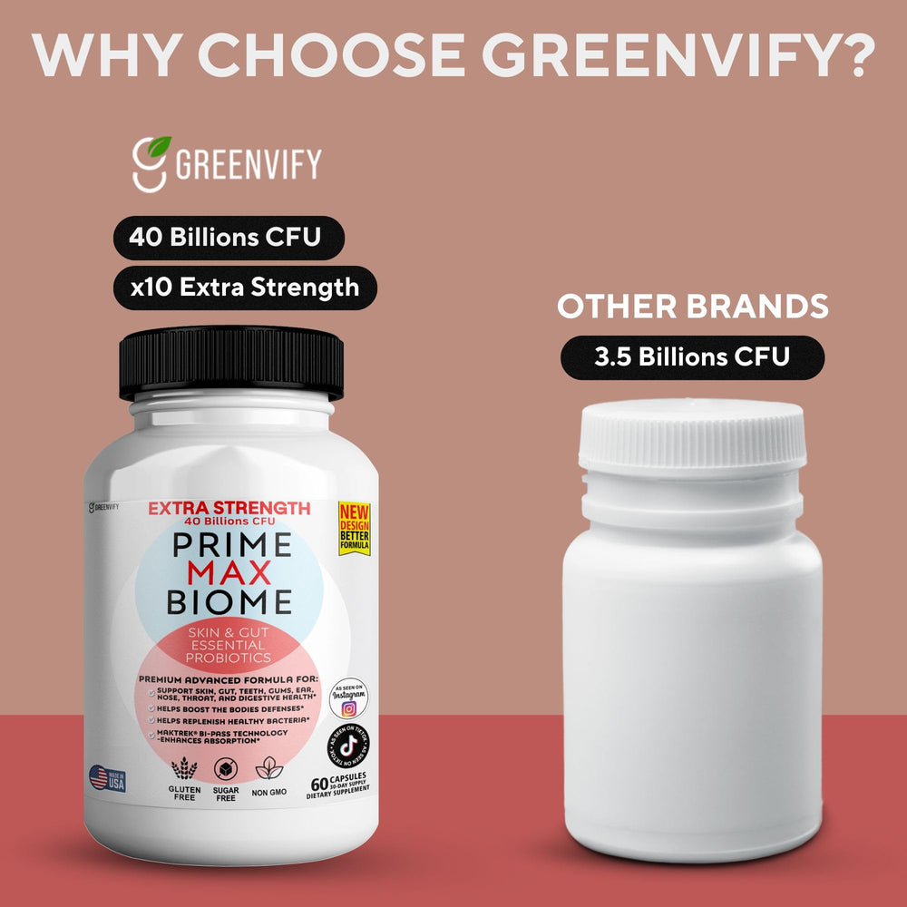 GreenVify Prime Max Biome prebiotics fuel friendly bacteria supporting gut ecology.