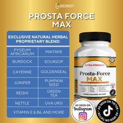 GreenVify Prosta-Force ingredients panel featuring Saw Palmetto and Pygeum.